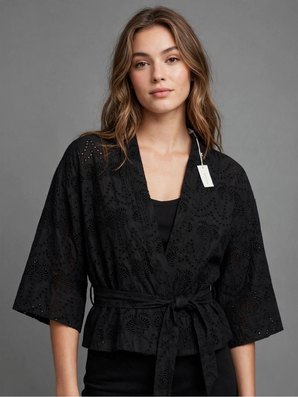 Black Eyelet Wrap Kimono Top
